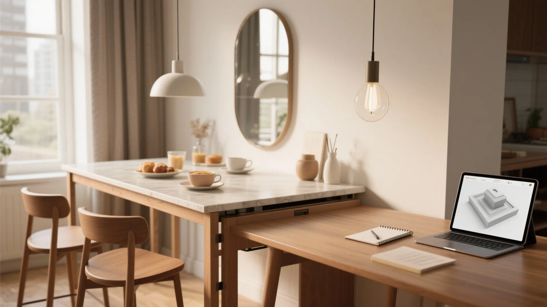 Drop-leaf table used as a breakfast bar and homework station with pendant light and a tablet showing a 3D mockup.