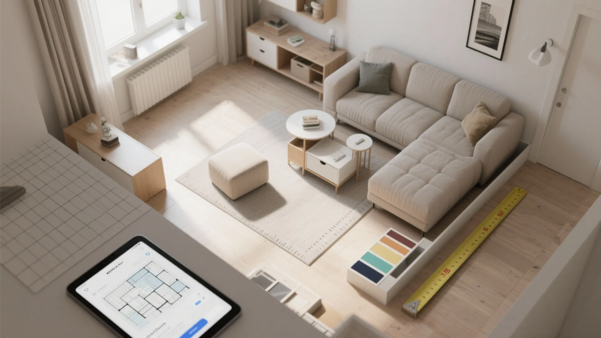 Interior design drawing shown on tablet with living room layout planning and measuring tape tool