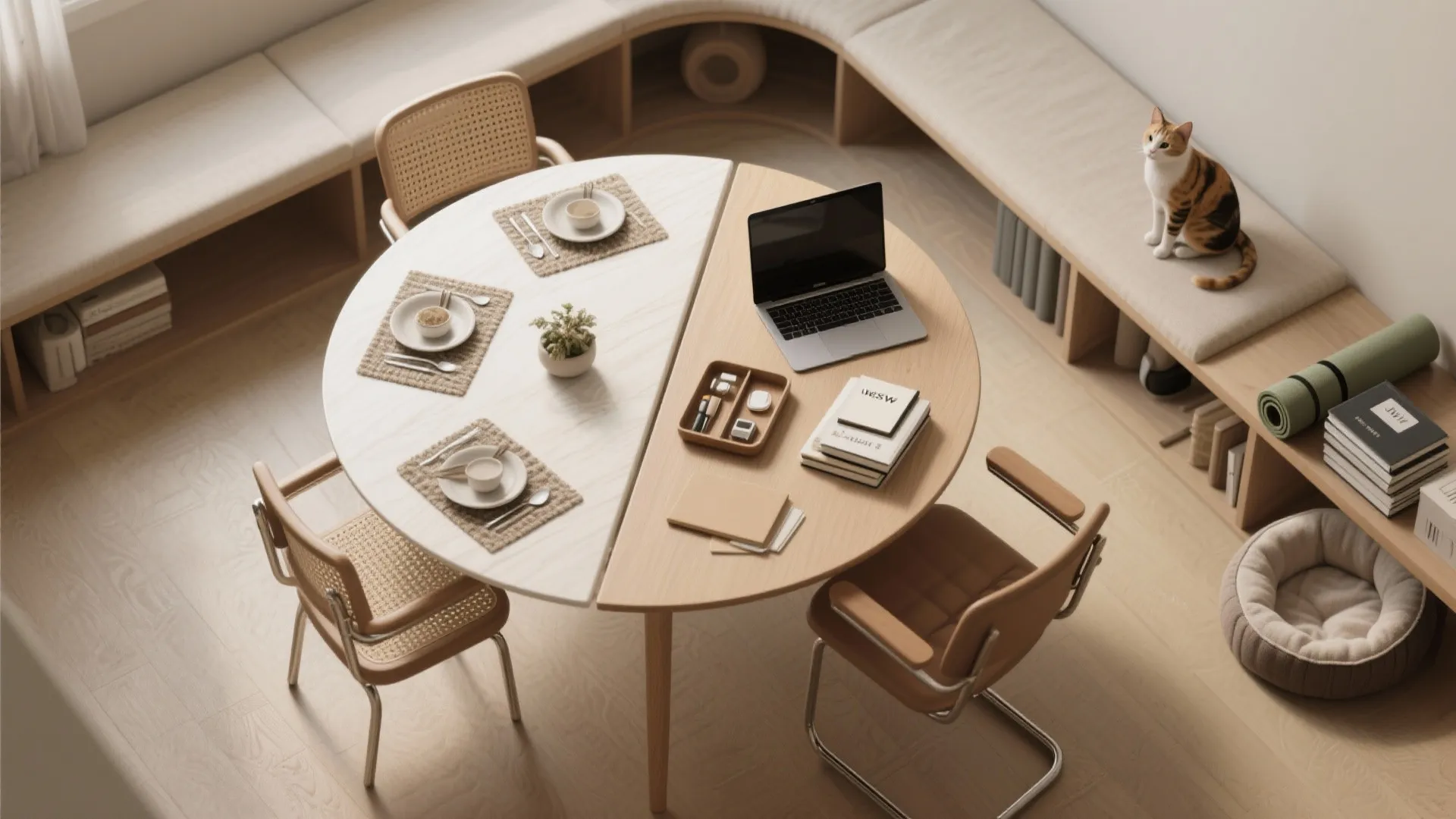 Round table split for dining and office work next to a bench with a cat