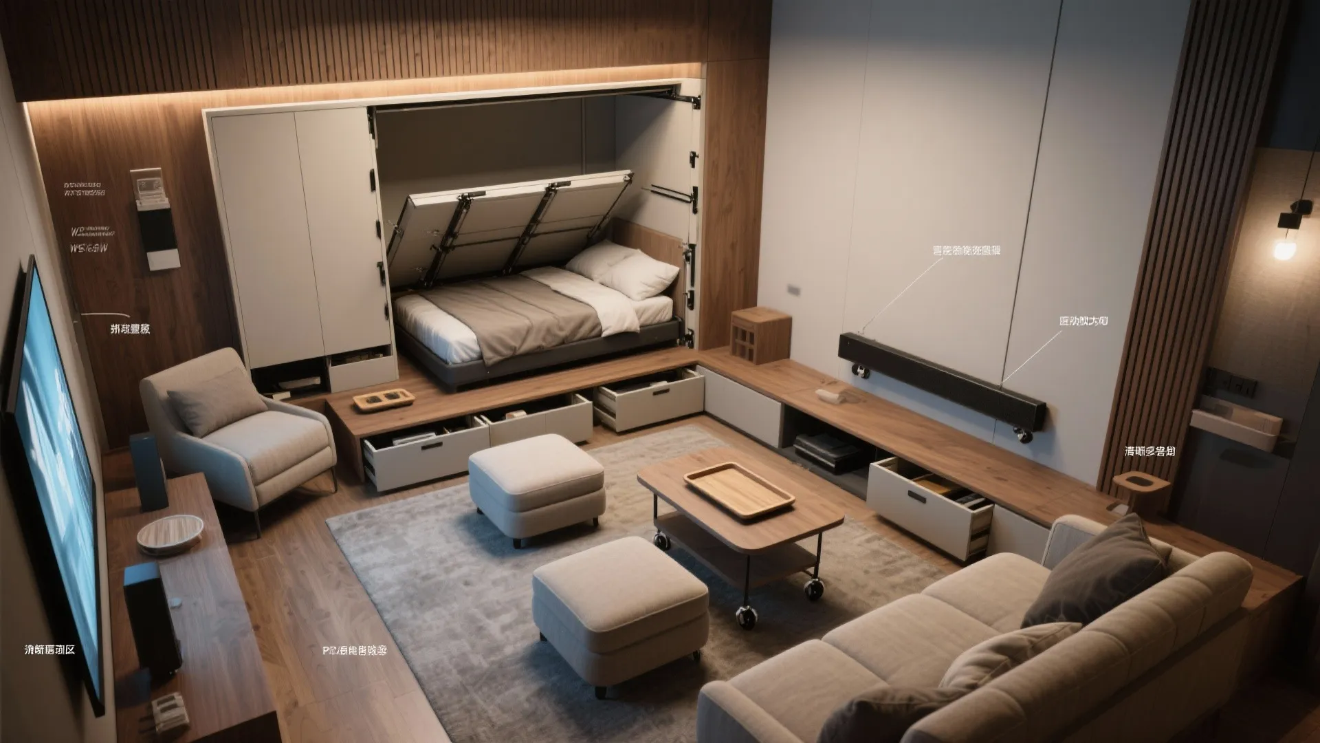 Multi functional room layout showing a wall bed folding out above a grey sofa set