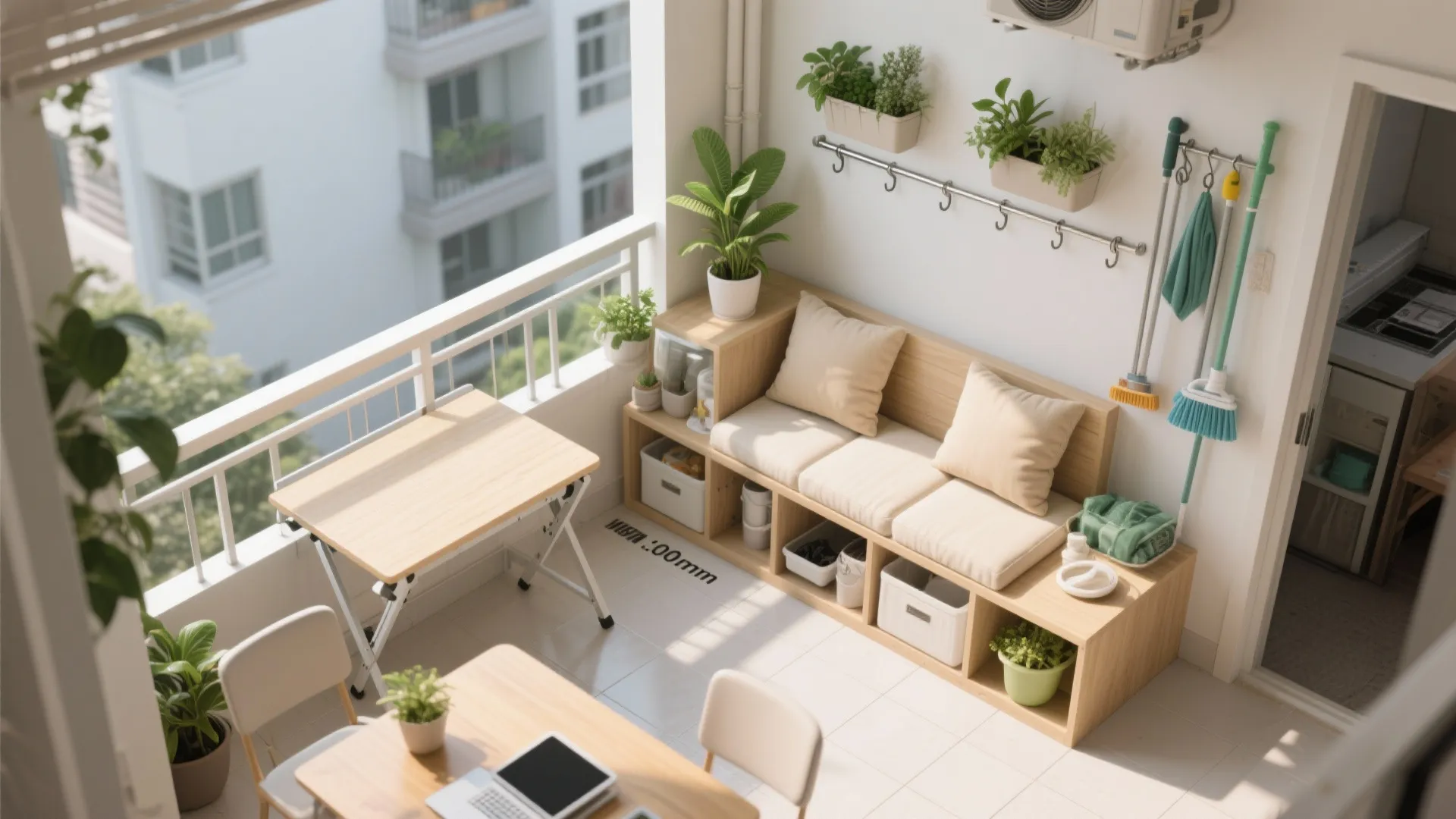 Top-down view of a small balcony used as a home office and storage with plants