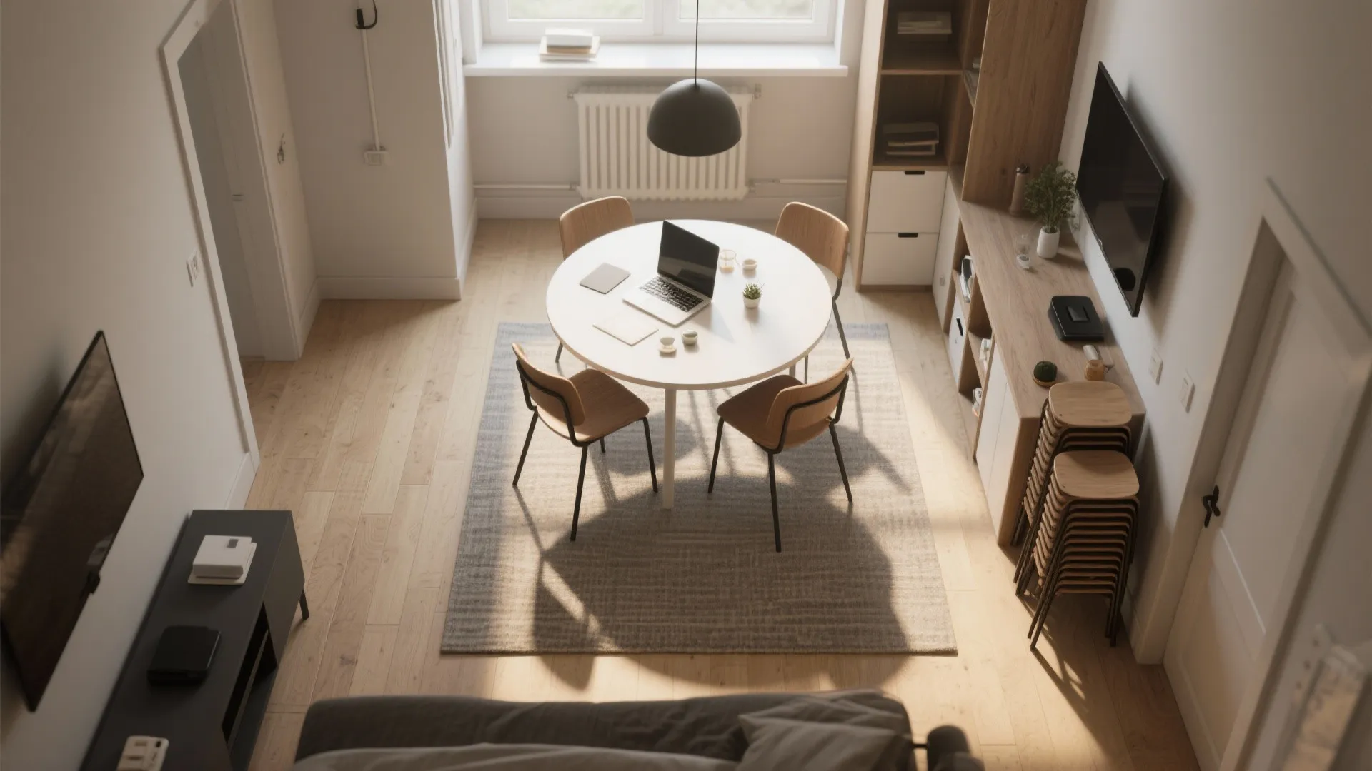Top-down view of a studio layout with a round table doubling as dining and workspace