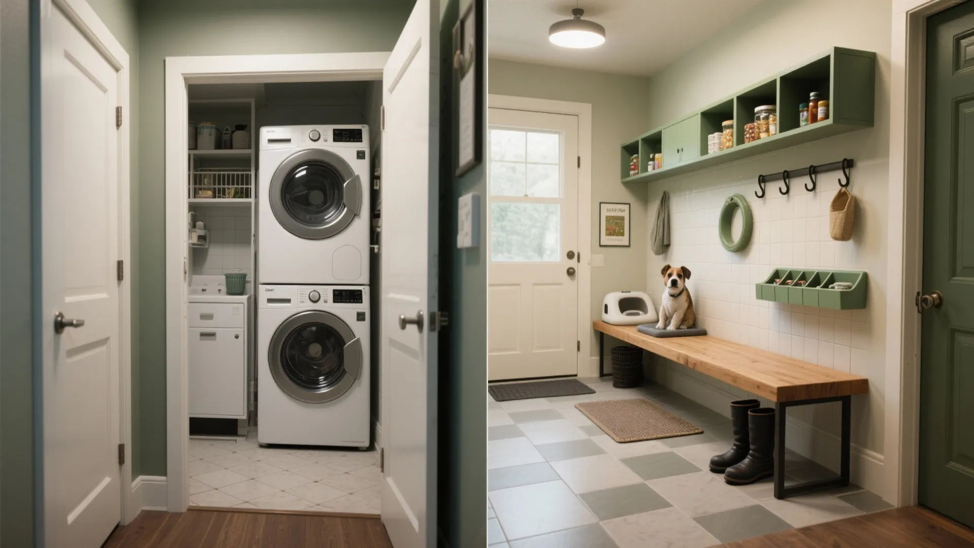 Before and after showing a small laundry closet transformed into a green mudroom with bench
