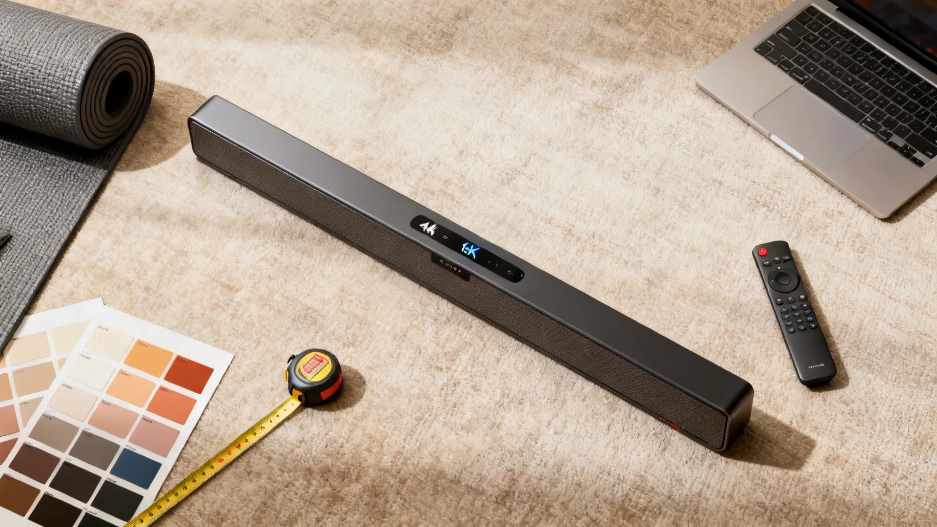 Flat lay with soundbar remote control laptop yoga mat color samples tape measure and carpet