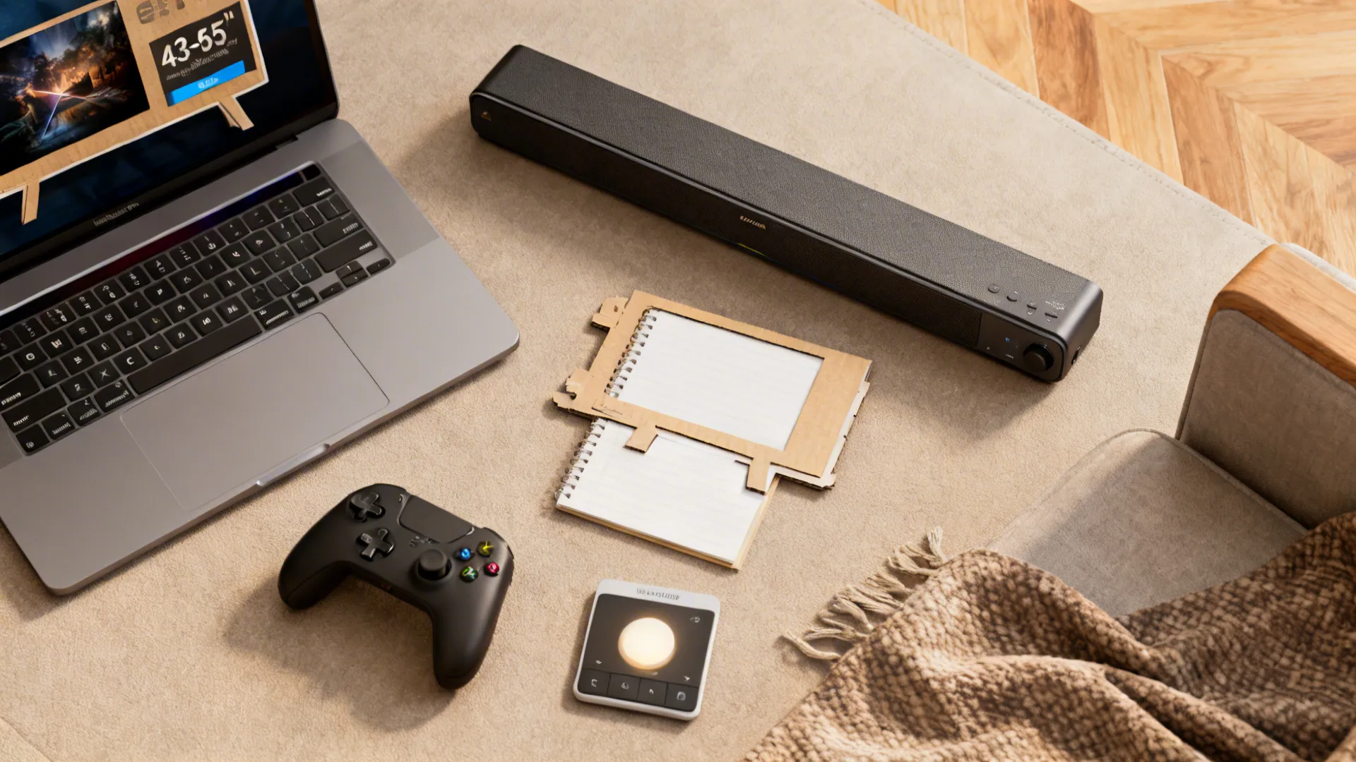 Flatlay of a multifunctional TV setup with laptop, controller, cardboard TV template, and soundbar.