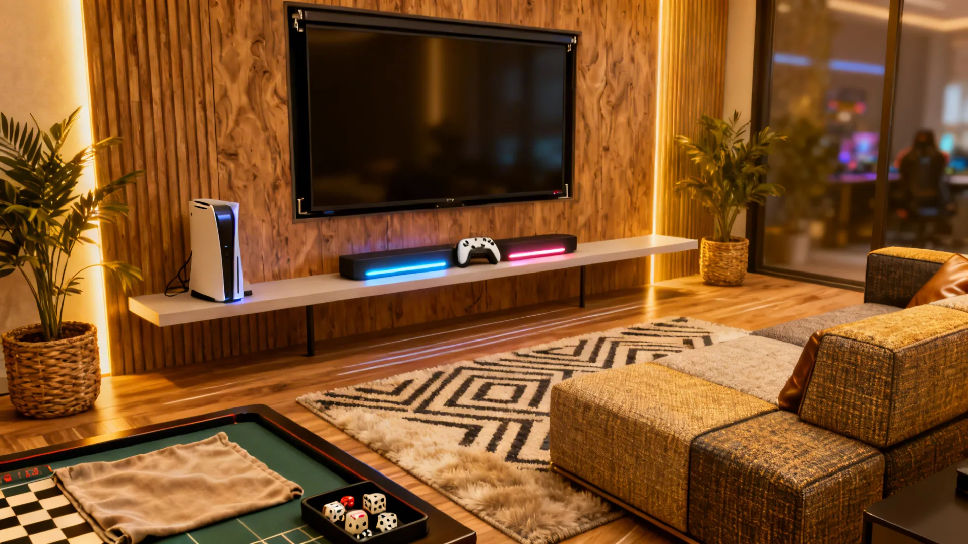 Multiuse living room with a larger TV on a retractable mount and a gaming/board-game area balanced by lighting.
