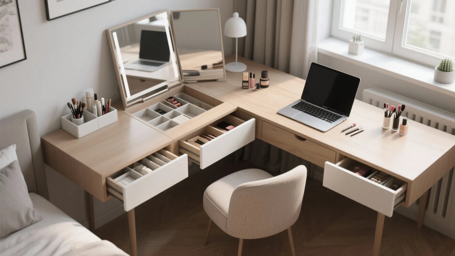 Top-down view of a shallow desk that doubles as a vanity, showing a fold-up mirror, laptop, and organized drawer inserts.