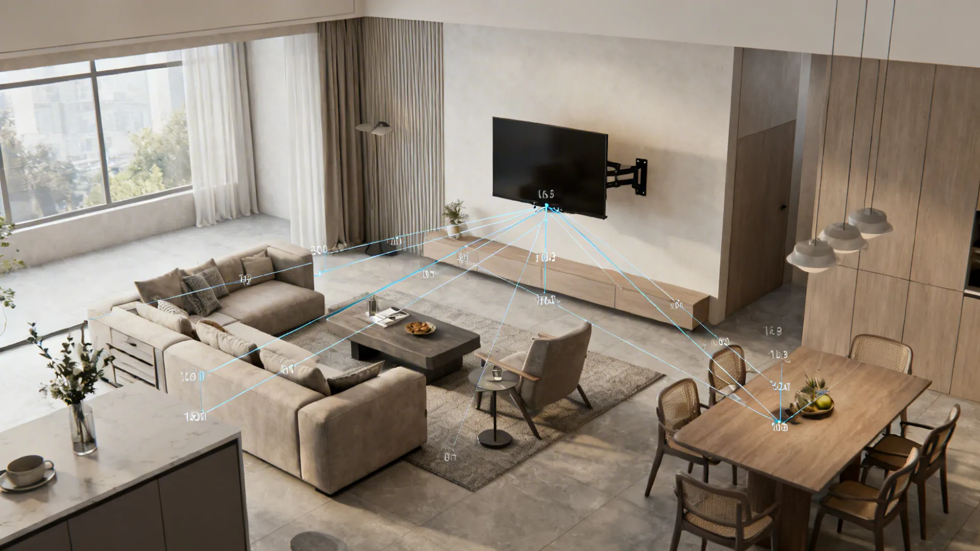 Top-down mockup of a multi-use living room showing swivel TV placement and sightlines to different seats