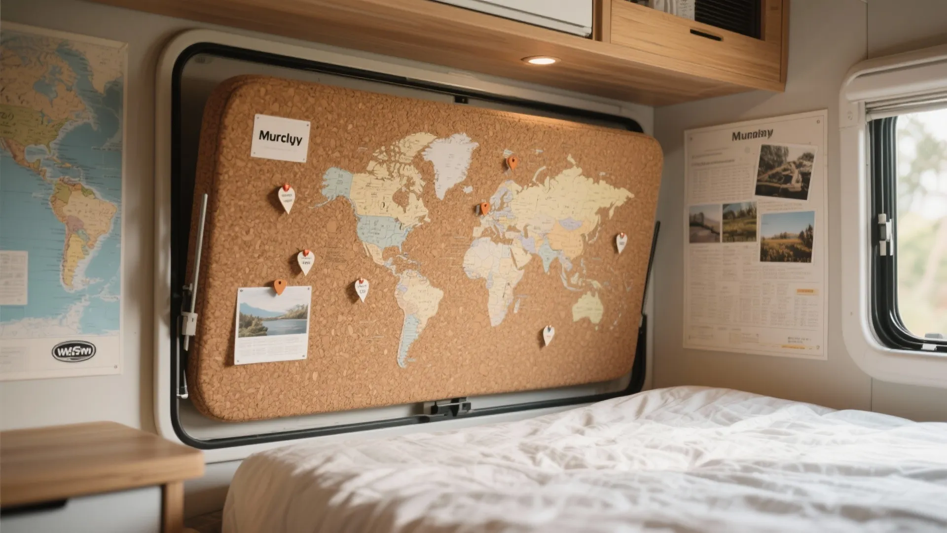 Cork upholstered Murphy bed panel used as a travel map board