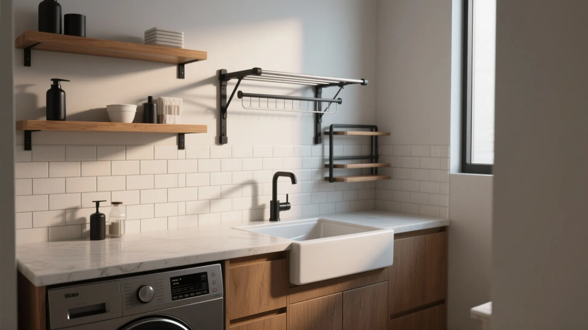 Multi-use wet zone with folding countertop, wall-mounted drying rods, slim sink and compact washer.