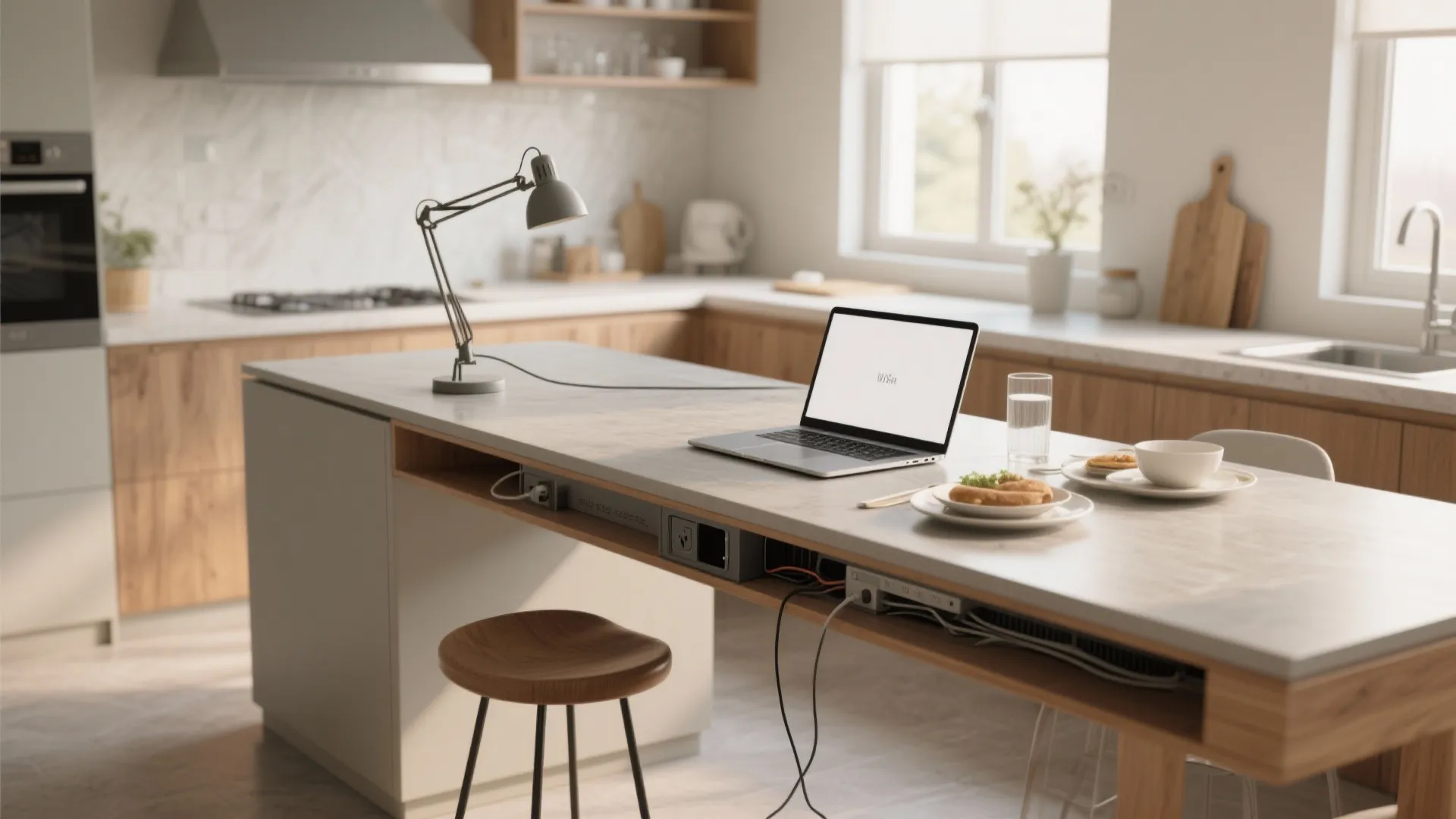 Kitchen island used as workspace with laptop lamp power outlets breakfast plates and wooden stool