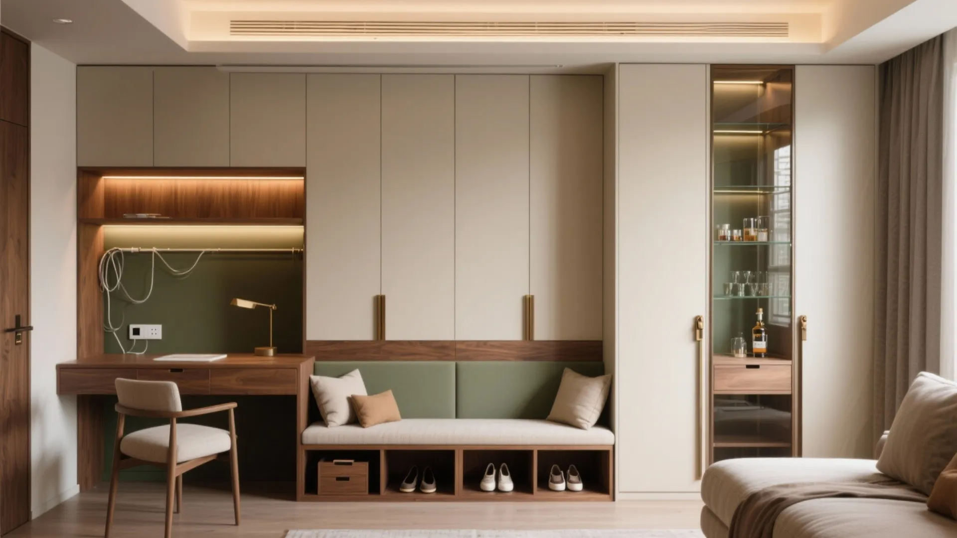 Wooden desk and bench with green cushions next to a tall glass cabinet for storage