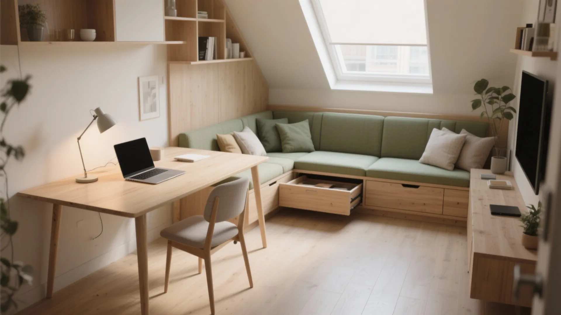 Modern attic home office with wooden desk laptop grey chair green sofa and storage drawers