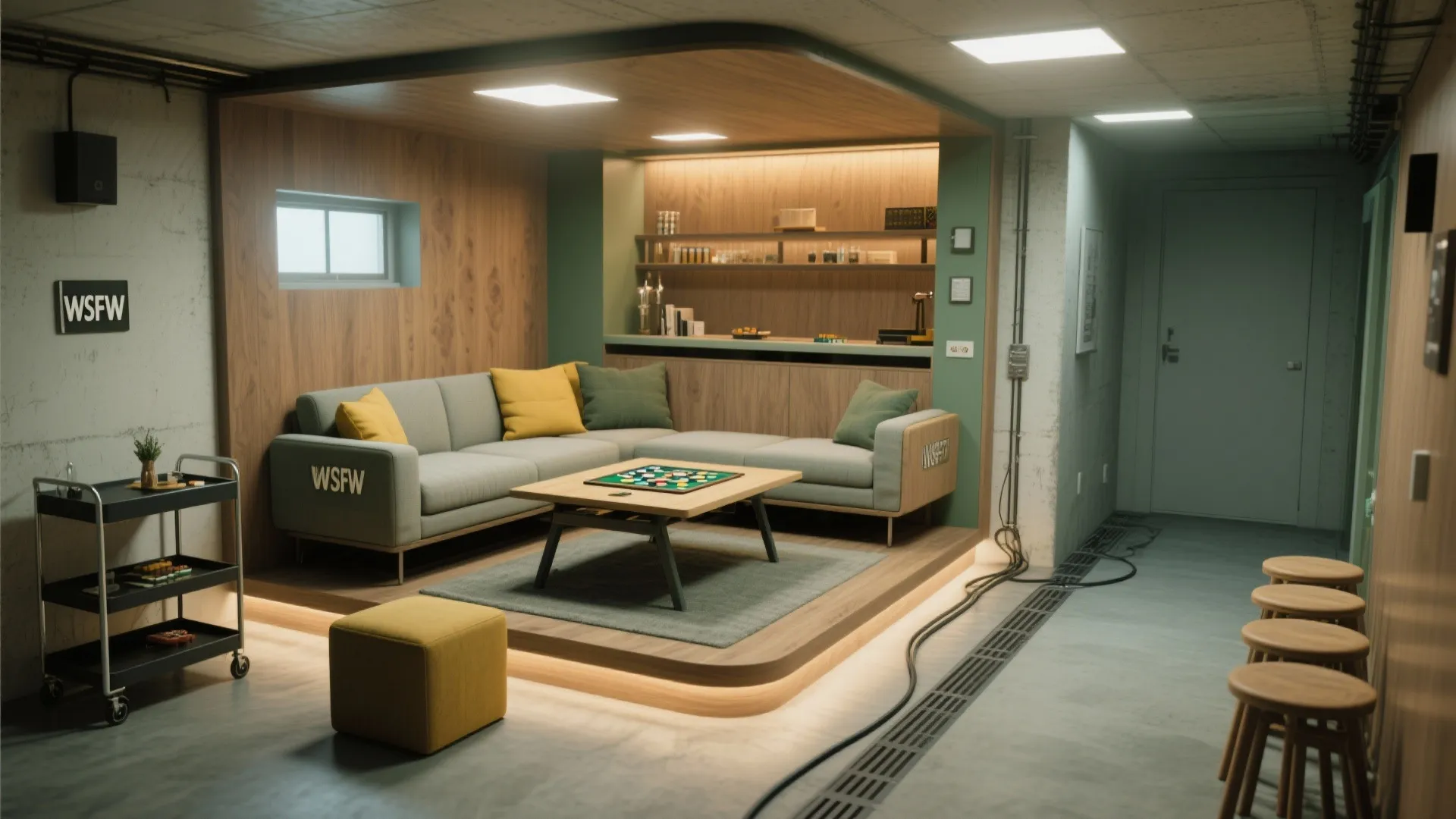 Modern basement living room with a grey sofa wooden wall panels and a game table
