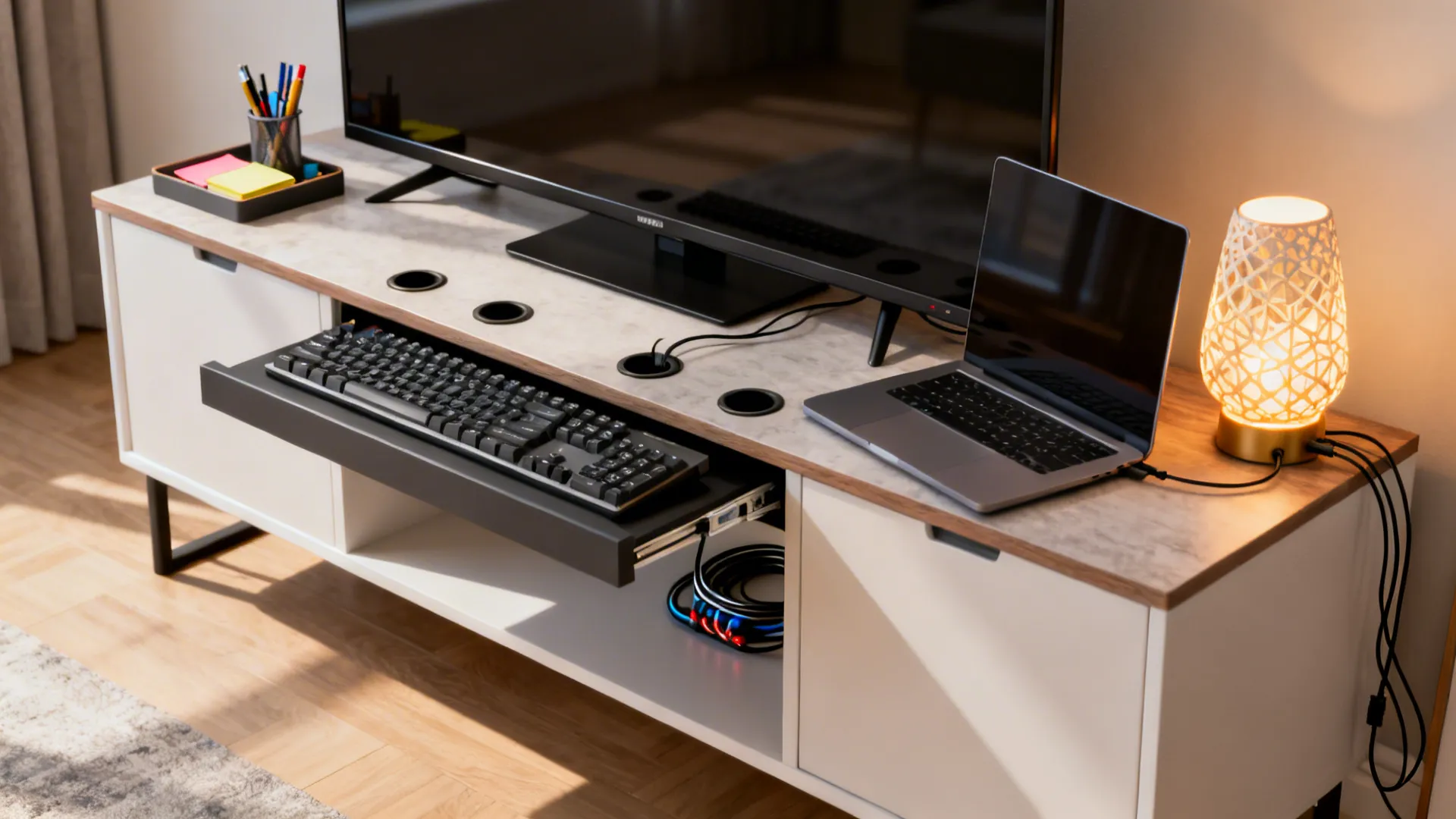 Multi-functional TV console with pull-out keyboard shelf, laptop, cable grommets and tidy organizers.