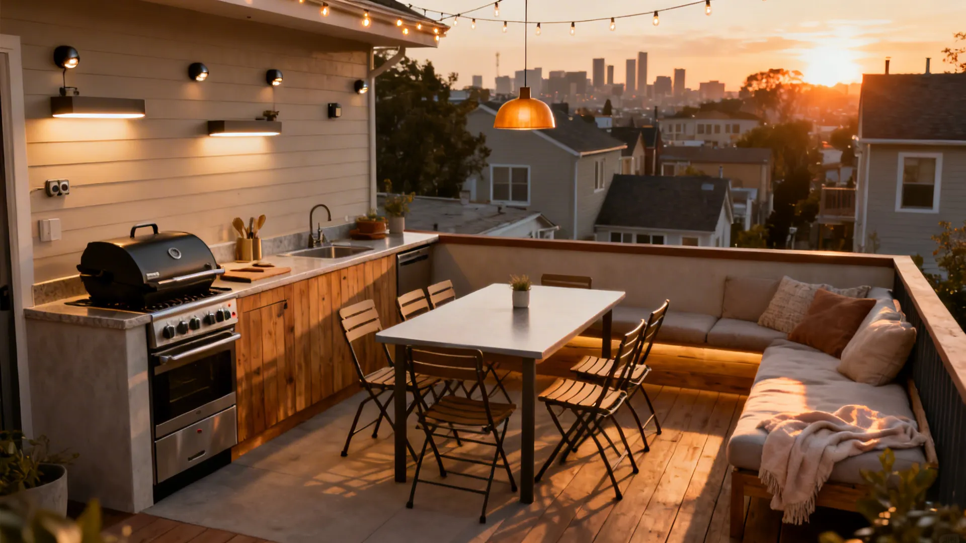 Multi-zone patio planning: cook, dine, and lounge