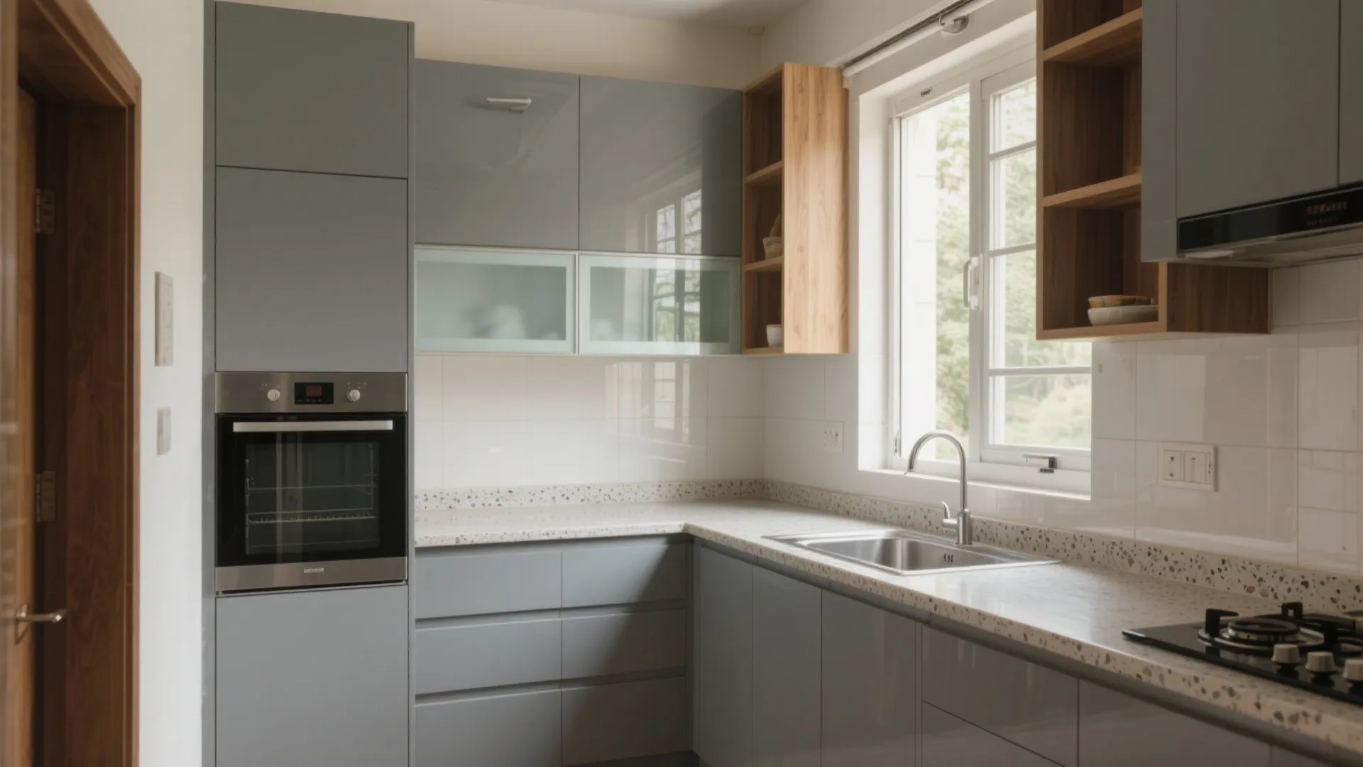 Grey kitchen interior design with built-in oven white tile wall wooden shelves and large bright window