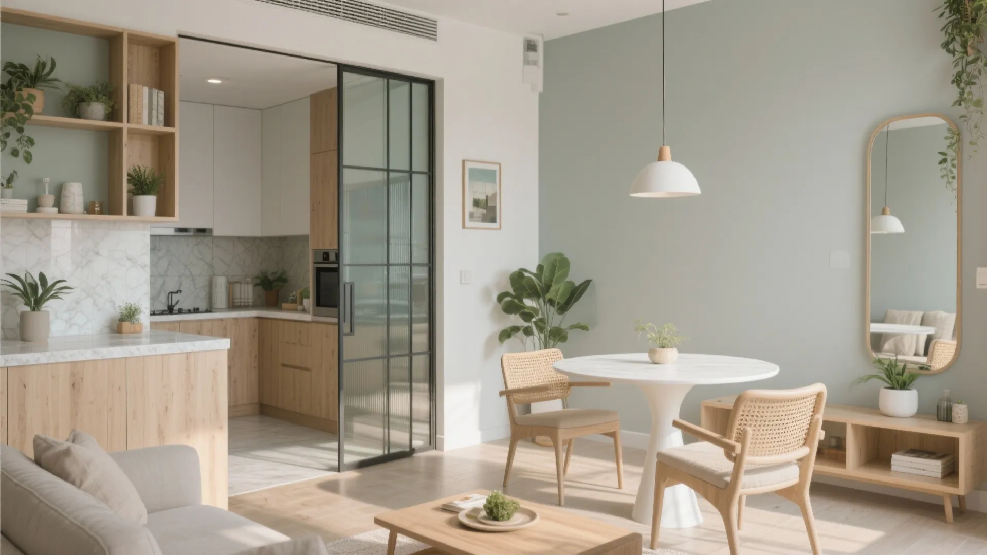 Modern open dining area with white round table chairs light green wall and glass sliding door