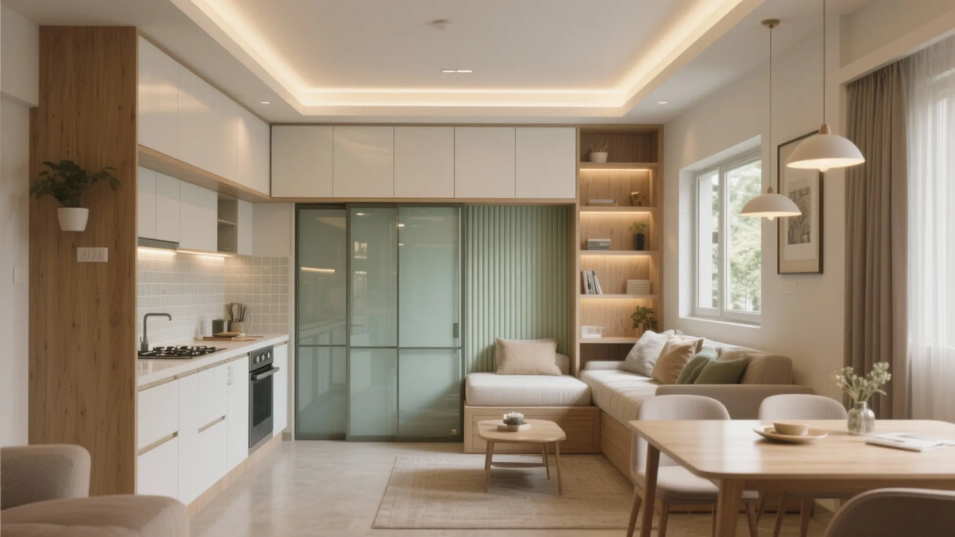 Small apartment interior design with white kitchen cabinets wooden shelves sofa and natural window light