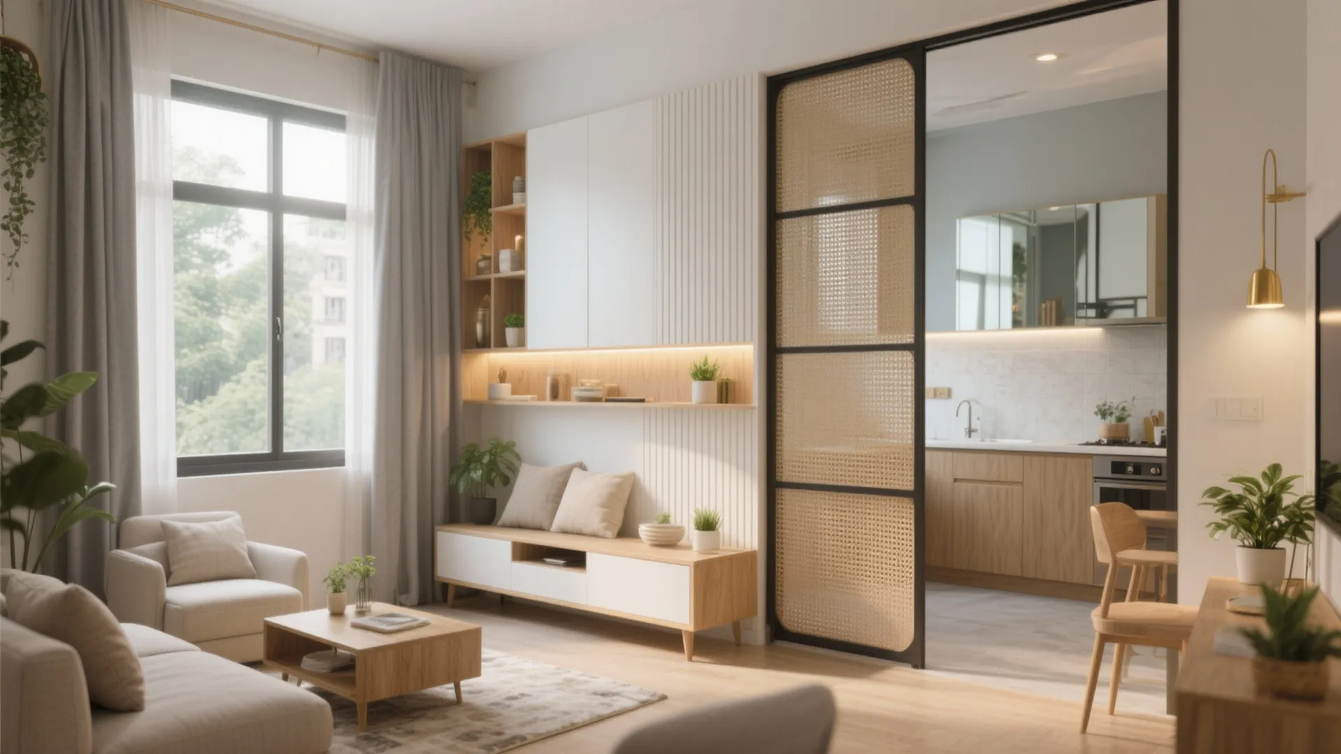Modern living room with wooden cabinet sliding door showing kitchen area and light wood furniture