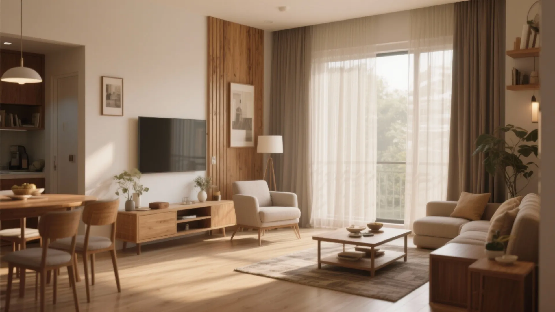 Cozy open living room featuring wooden furniture beige sofa television and large balcony window view