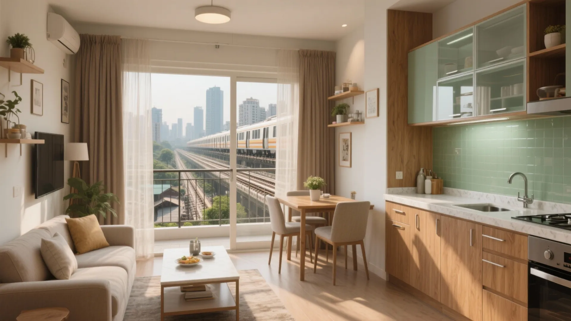 Small living room with beige sofa dining table kitchen cabinets and balcony view of train