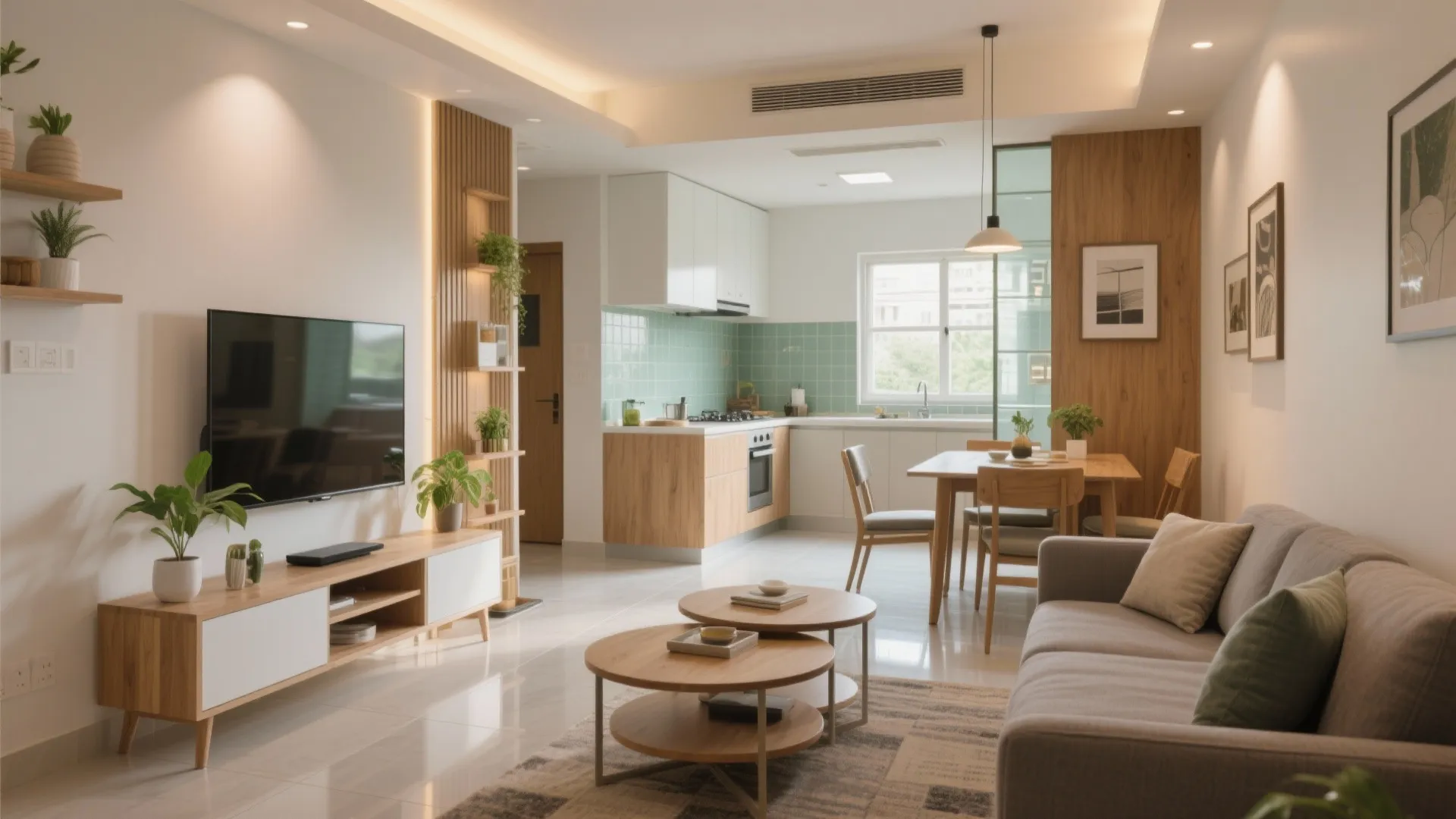 Modern open living area with wooden cabinet, grey sofa, round coffee tables, and small kitchen