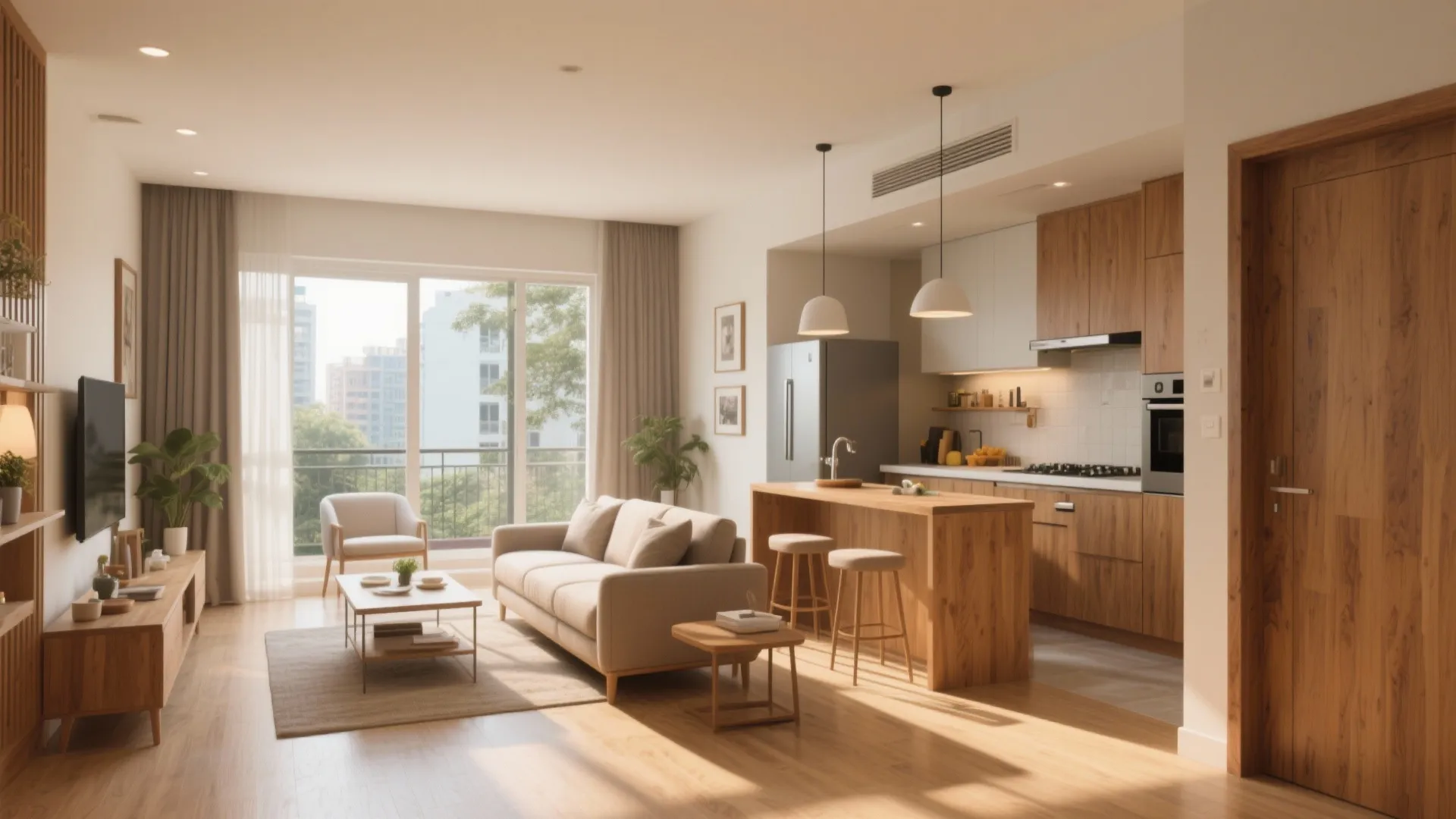Bright open living room and kitchen design with wooden cabinets plus large sliding glass doors