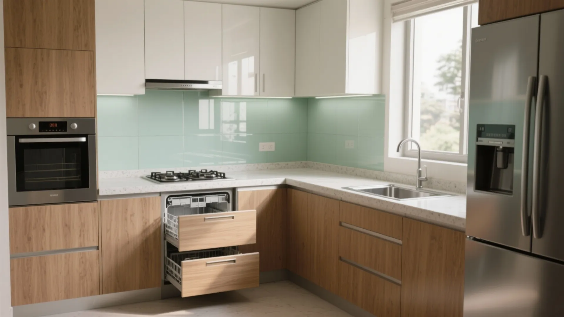 Contemporary kitchen with wood base cabinets white upper units open dishwasher silver fridge and gas stove
