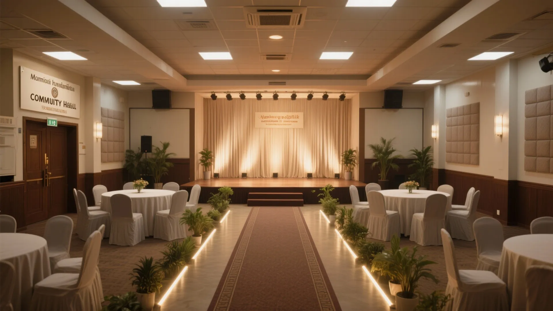 Large community hall featuring a stage with curtains, round dining tables, white chairs and plants