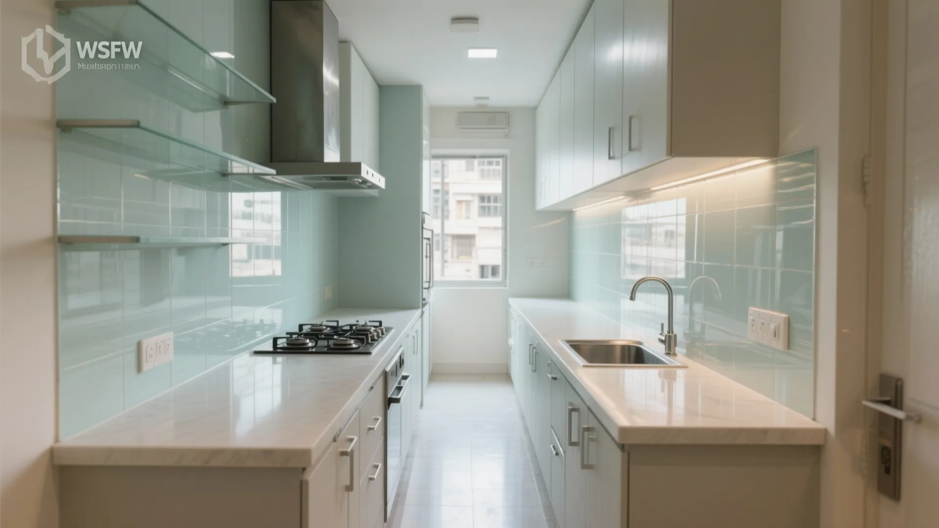 Narrow galley kitchen with light blue wall tiles white marble countertops gas stove and silver sink