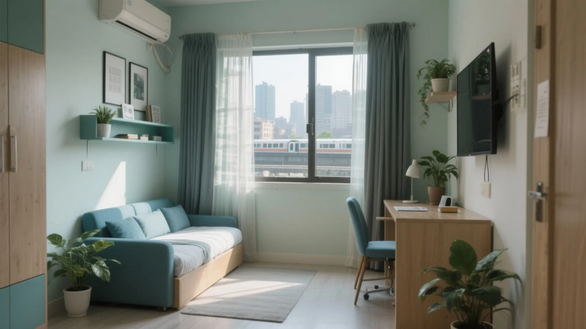 Modern small bedroom with blue sofa bed wooden desk green walls and city view window