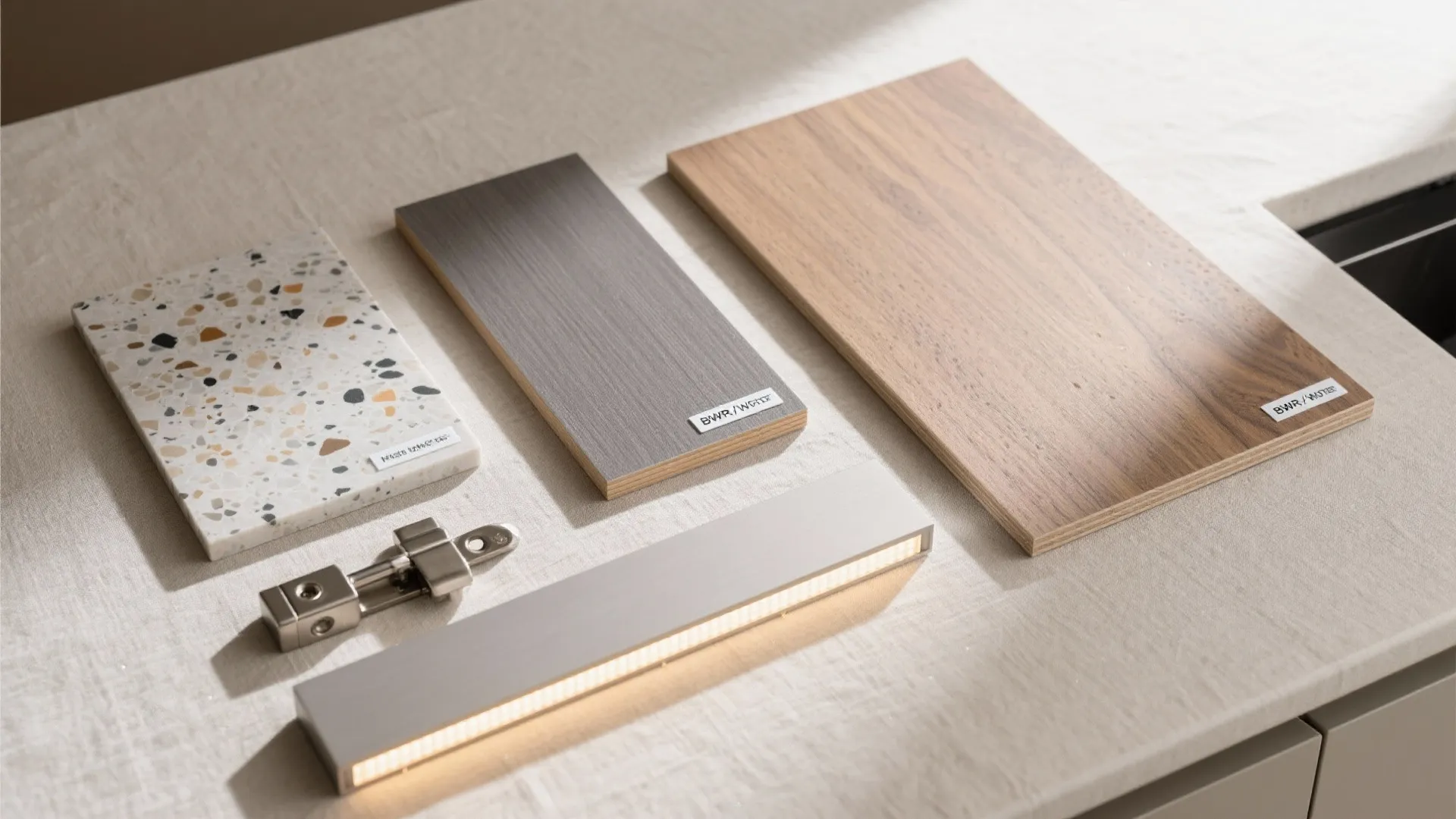 Kitchen material samples including wood panel stone tile grey board light fixture and metal door handle