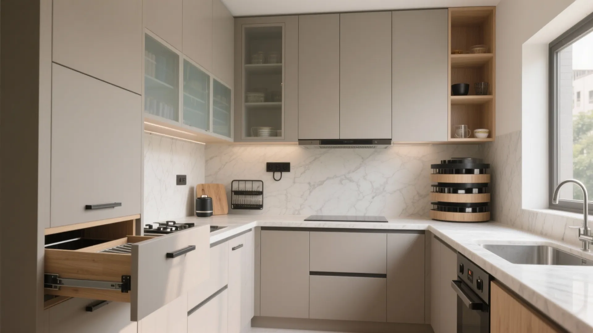 Minimalist kitchen storage for compact luxury apartments