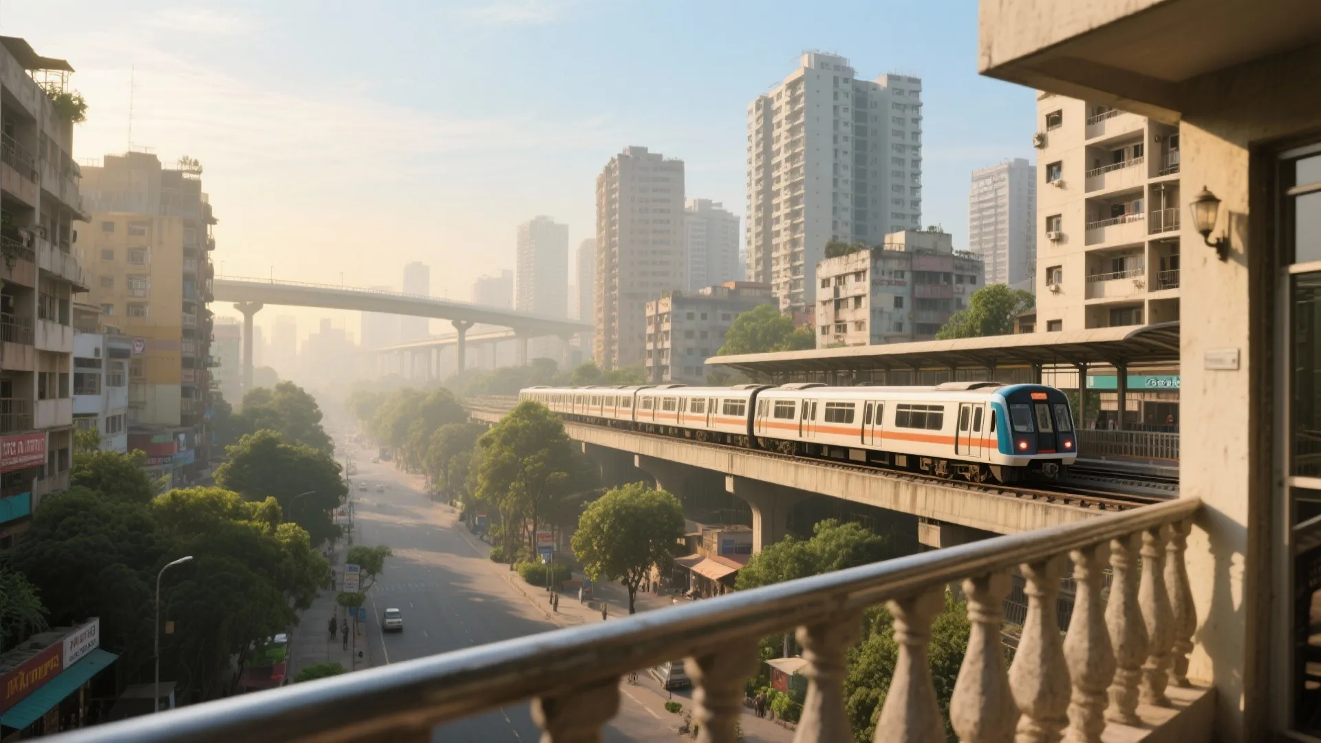 City view showing a modern train on tracks surrounded by tall apartment buildings and green trees