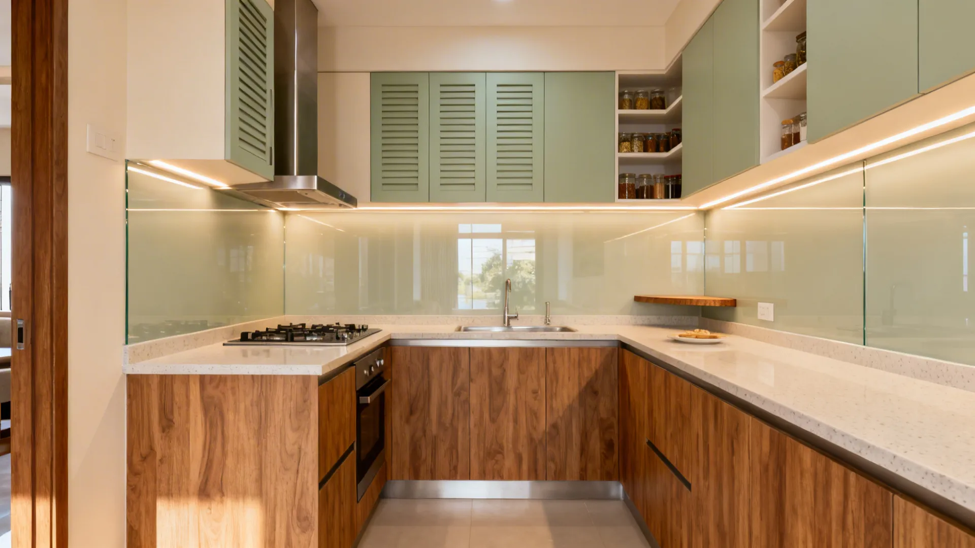 Small L-shaped kitchen with green cabinets wooden base units and bright lights under the shelves