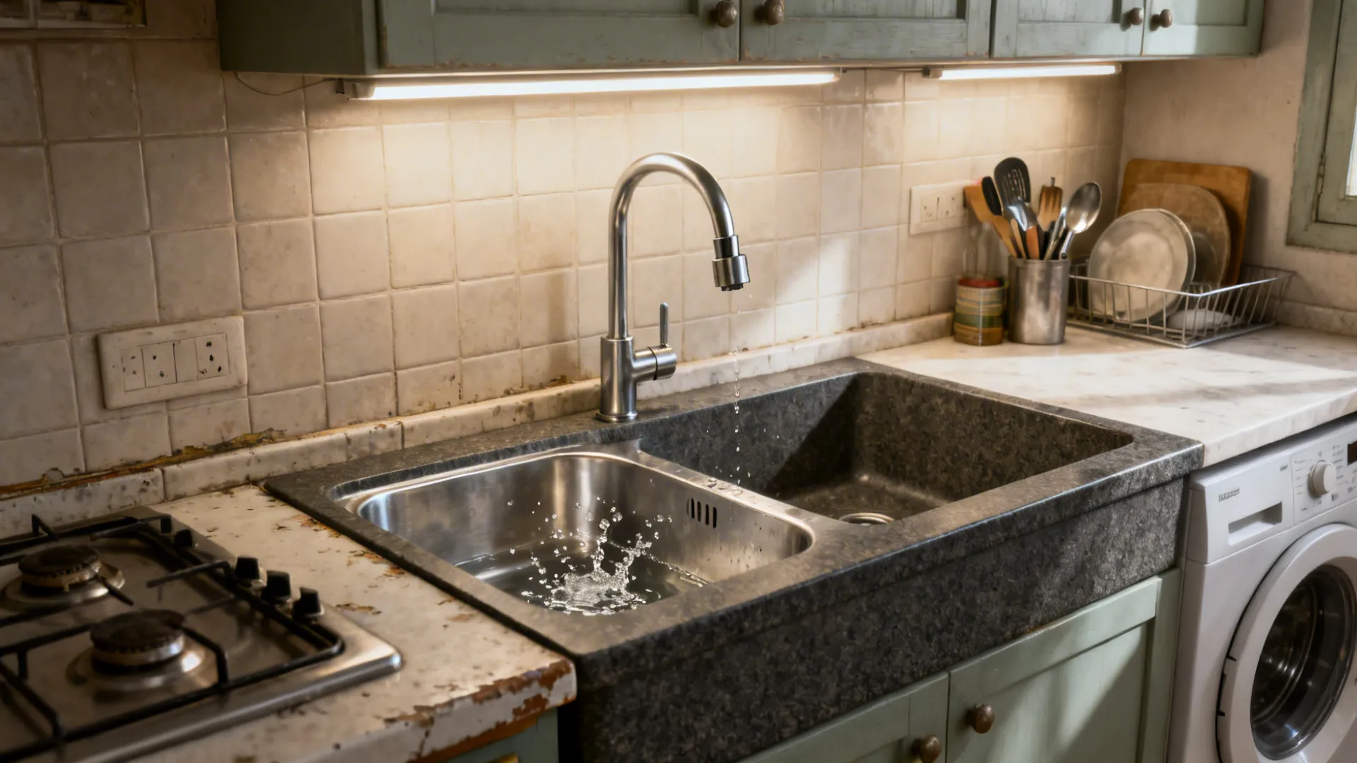 Before: 22-inch shallow sink; After: 27-inch composite sink with pull-out faucet and cleaner counter.