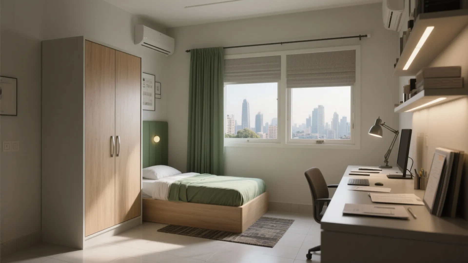 Modern small bedroom with wooden bed green blanket large wardrobe desk office chair and city view