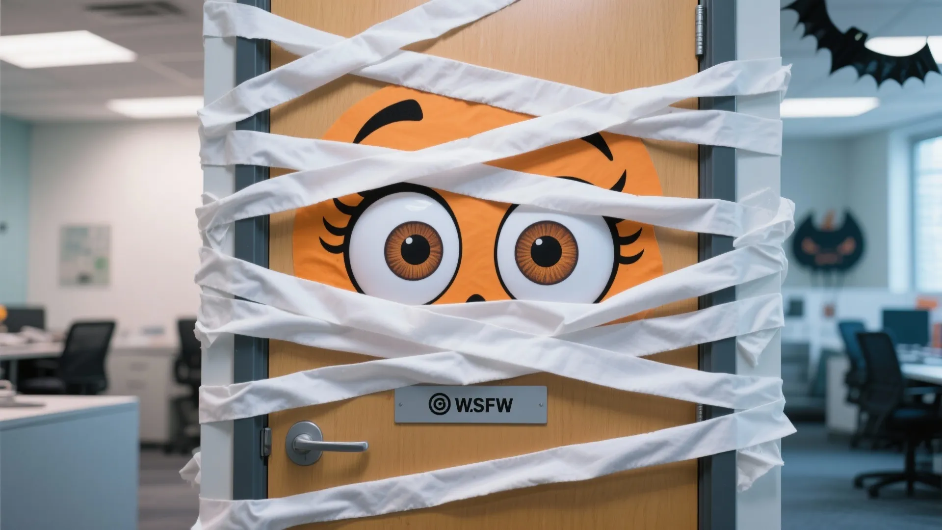 Modern office door decorated with white mummy wraps and large cartoon eyes for Halloween theme