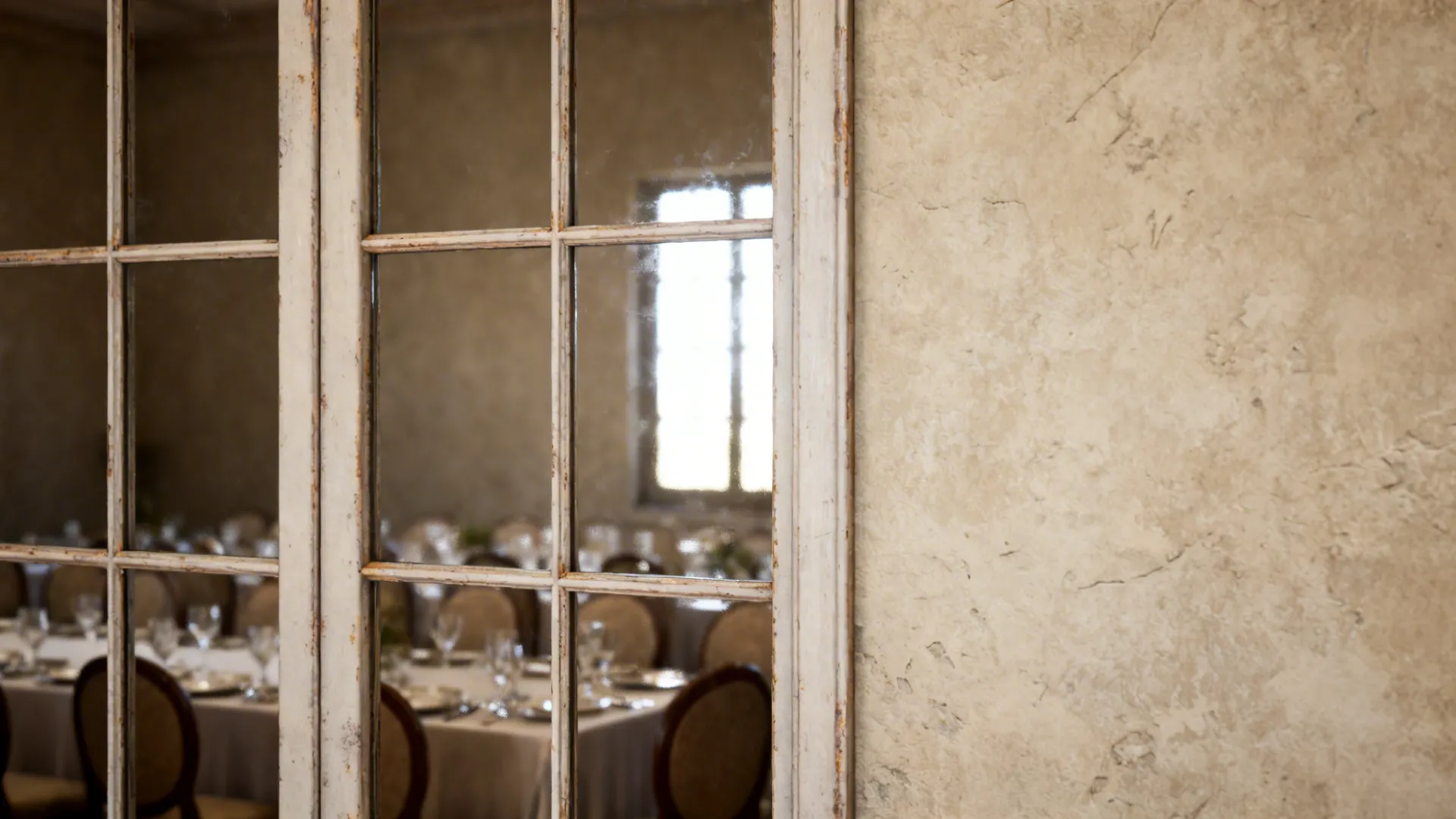 Mirror panels with muntins creating vintage window-like reflections behind seating