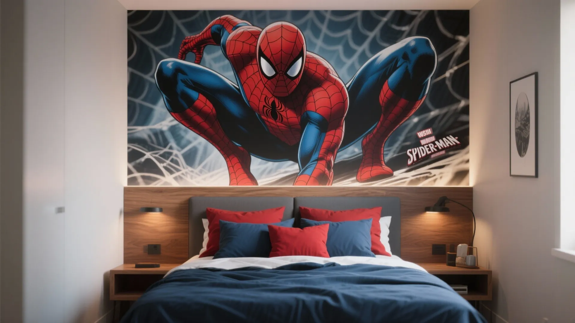 Modern bedroom with large superhero wall mural above bed having red and blue colored pillows