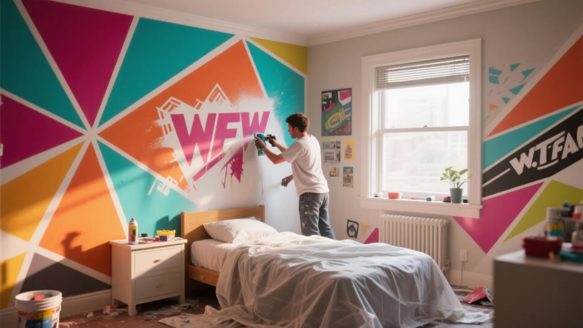 Person spray painting colorful geometric mural with text on white wall in modern kids bedroom
