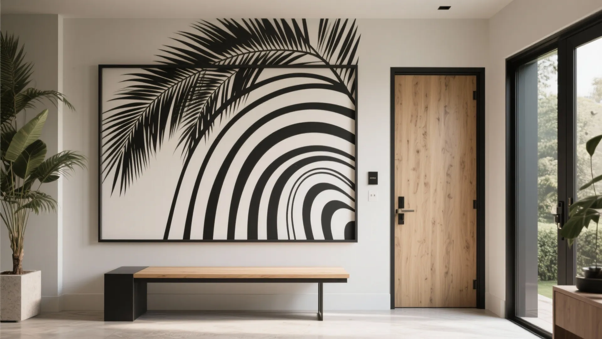 Entryway mural stencil with oversized abstract arcs framed behind a bench, bold and custom.