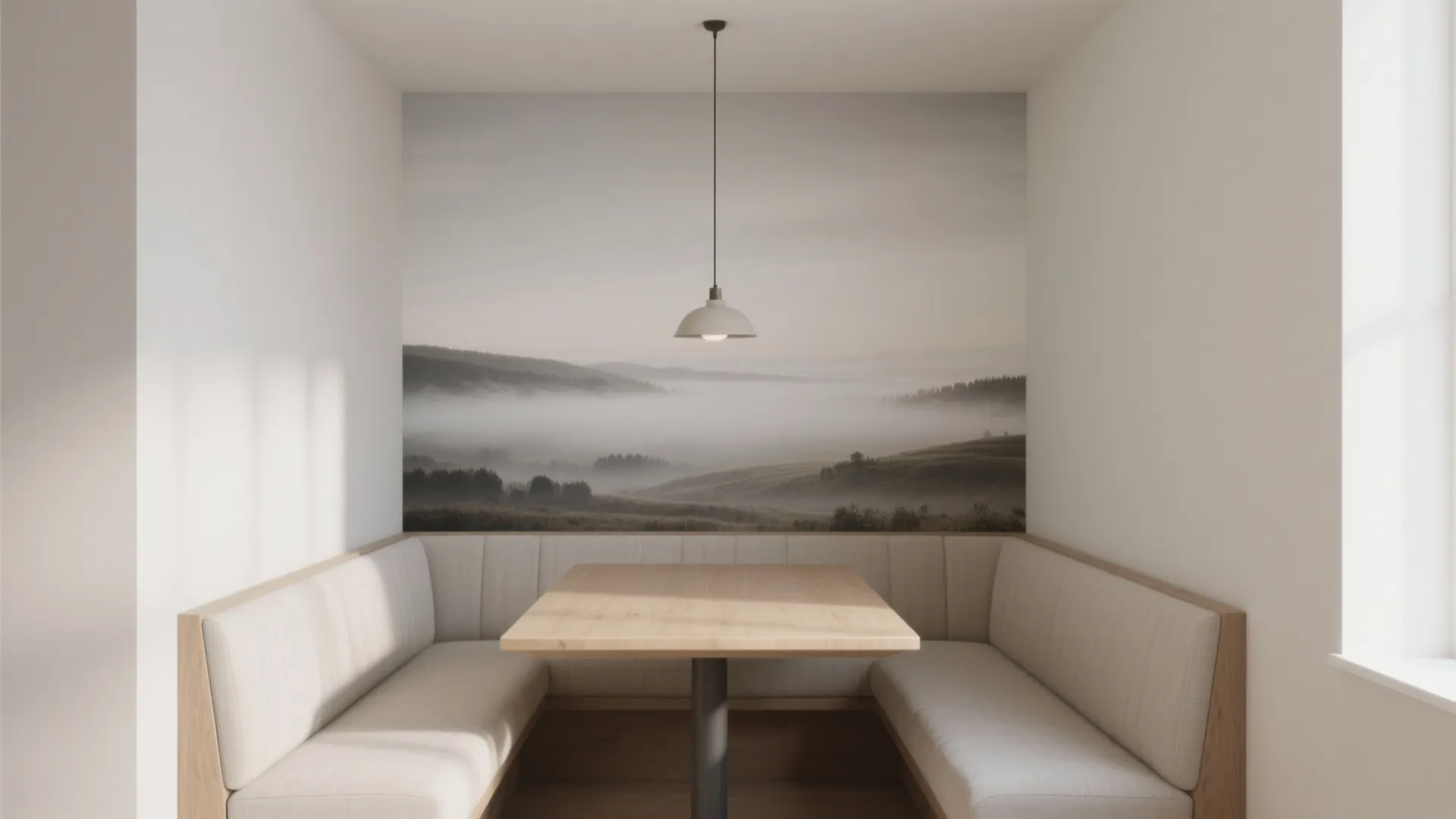 Tiny dining nook with misty landscape mural as focal wall, soft neutrals and light wood table.