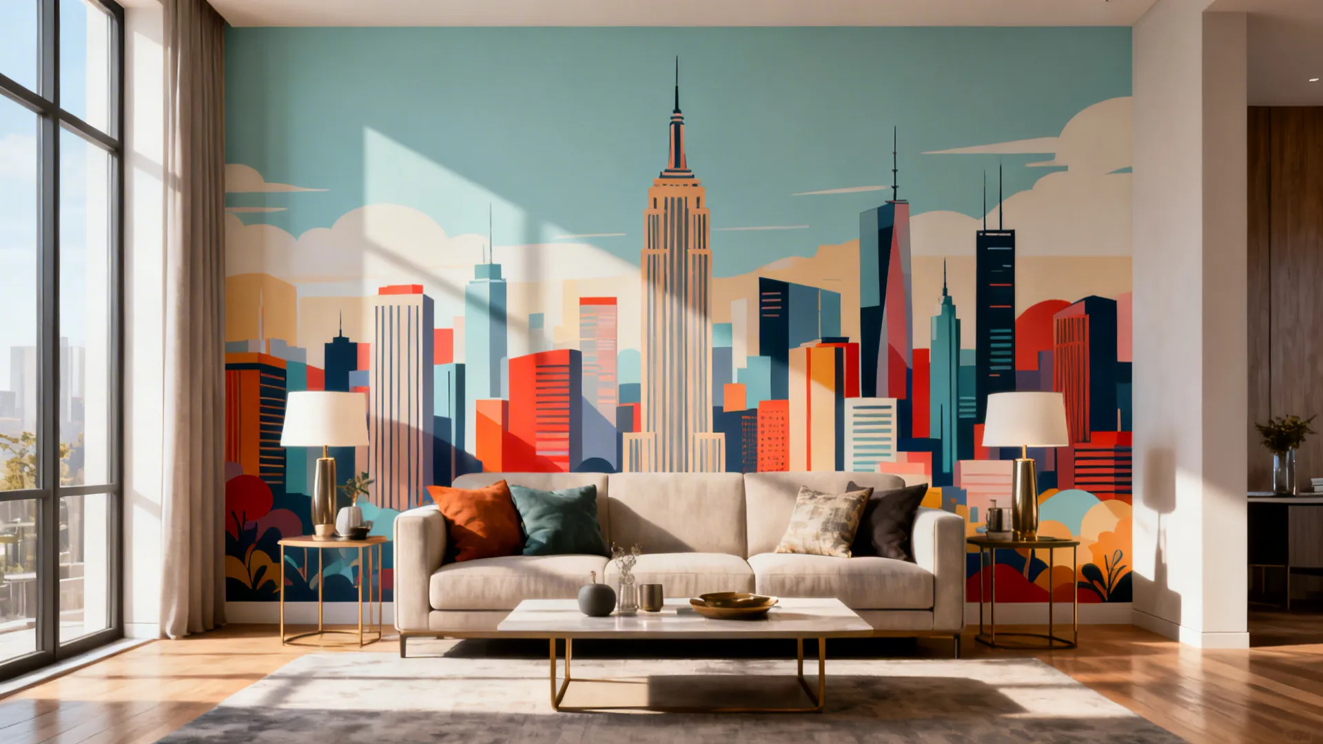 Living room featuring a custom skyline mural on a single accent wall with neutral furnishings.