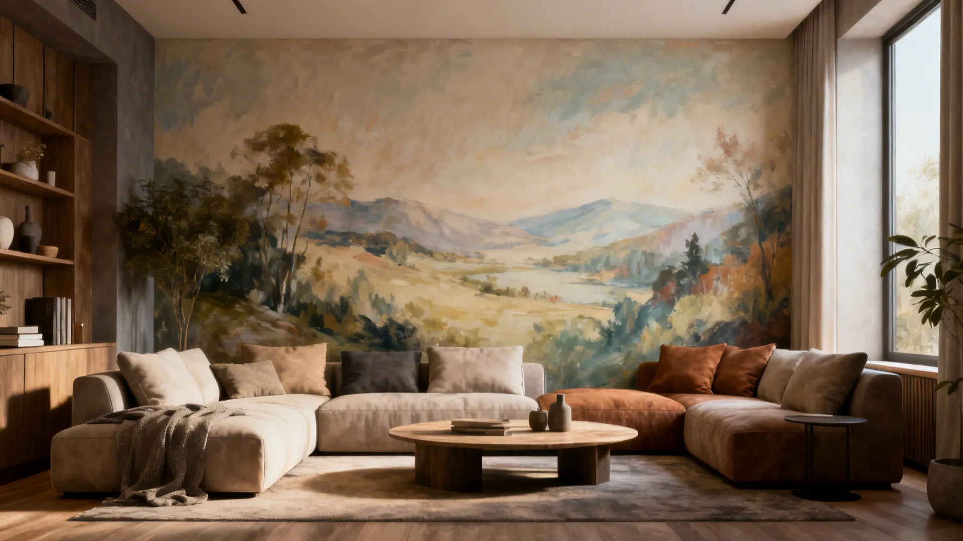 Living room with a subtle landscape mural anchoring the seating area.