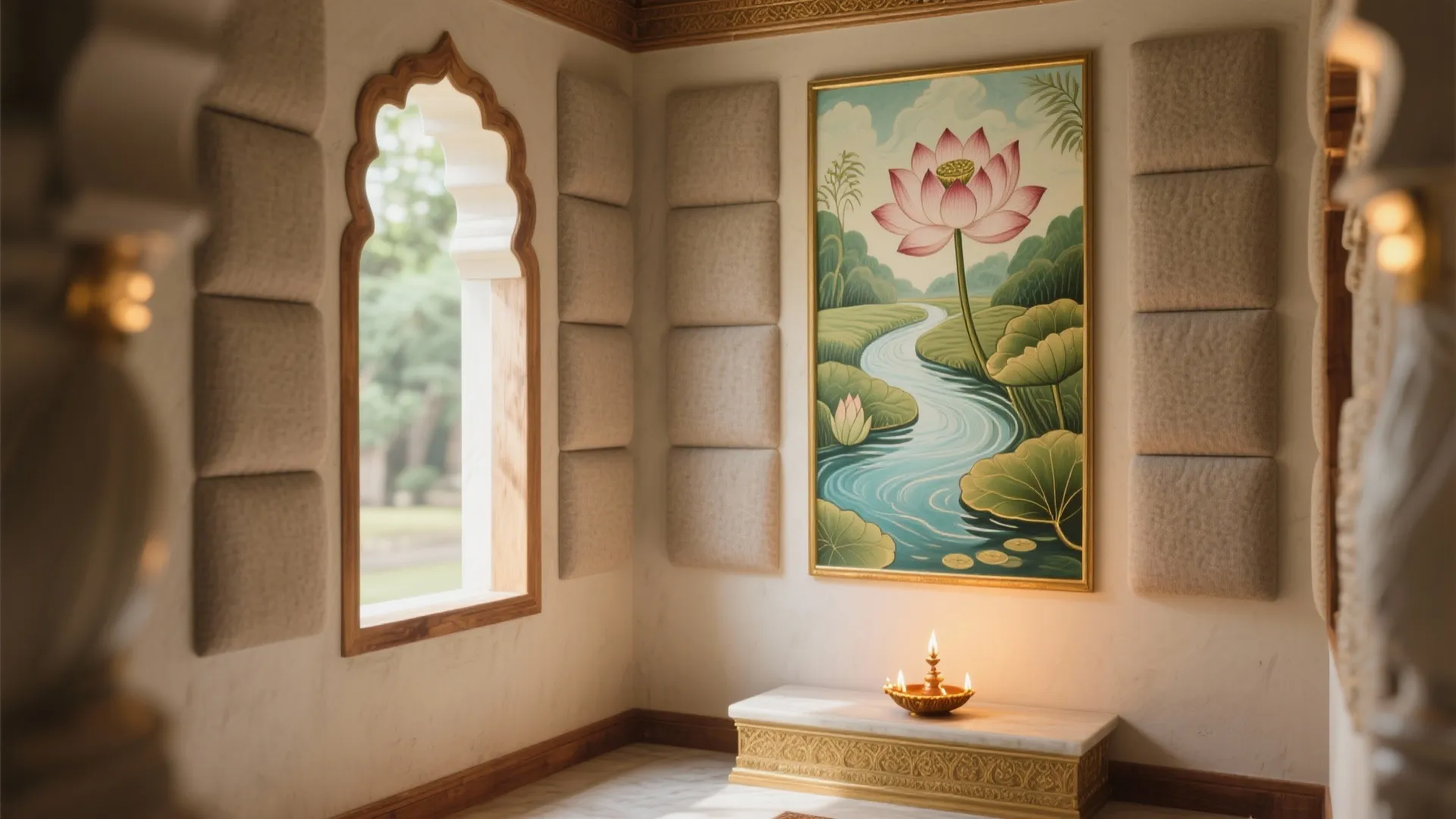 Peaceful room with arched window, lotus painting on wall, soft wall pads, and small table