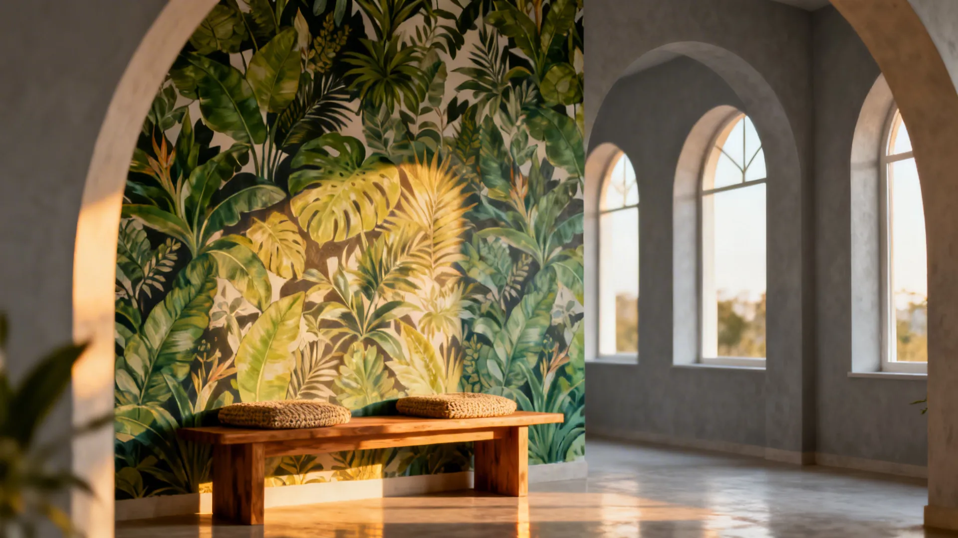 Tropical leaf pattern wall panel behind wooden bench with cushions in room with arched windows