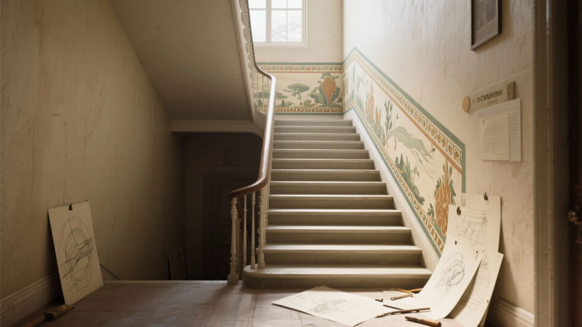 Stairwell mid-height mural band wrapped around the wall with tracing paper and transfer tools on the landing