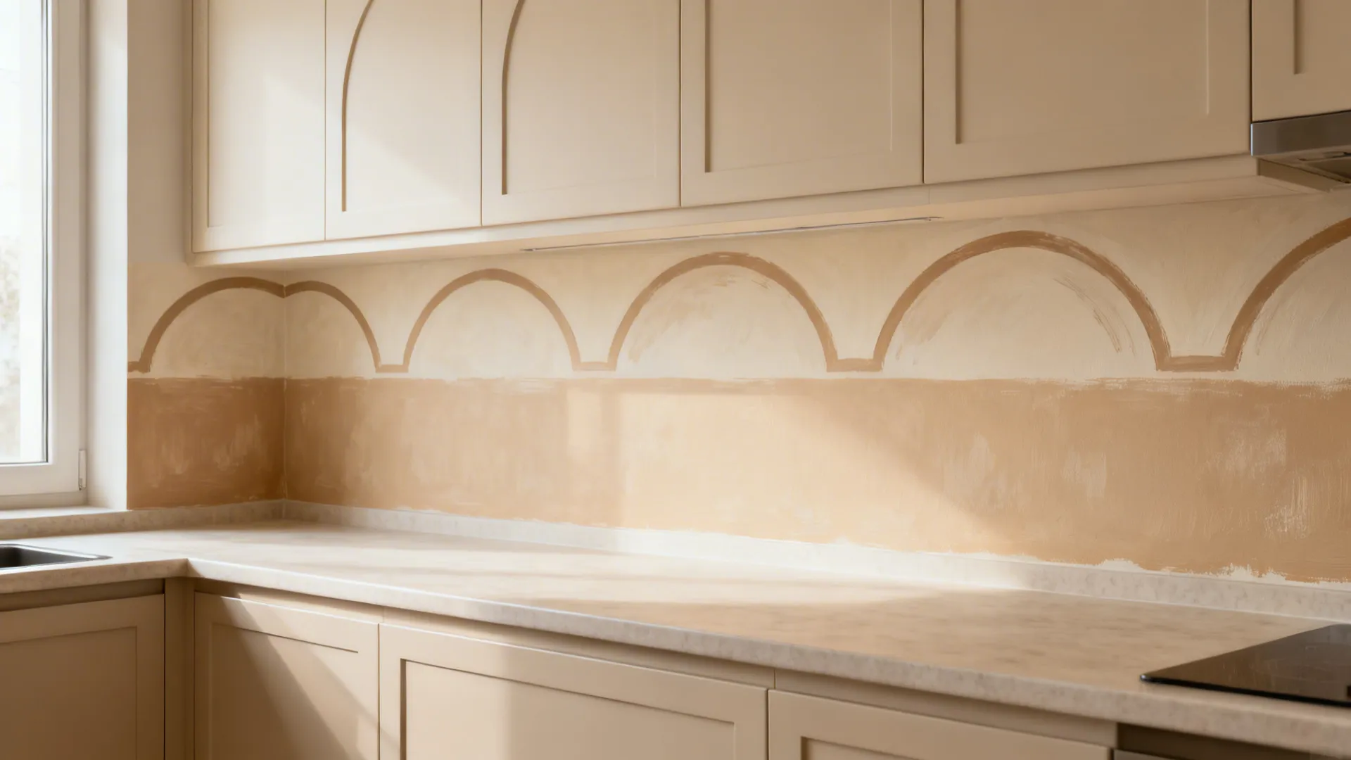 Soft geometric mural band with arches runs across a small kitchen wall in warm neutrals.